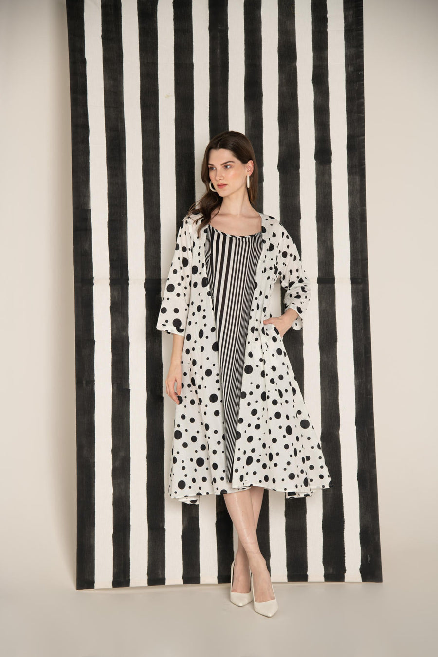 Monochrome Polka Dot Cotton Over-sized Long Shrug with Stripes Inner.