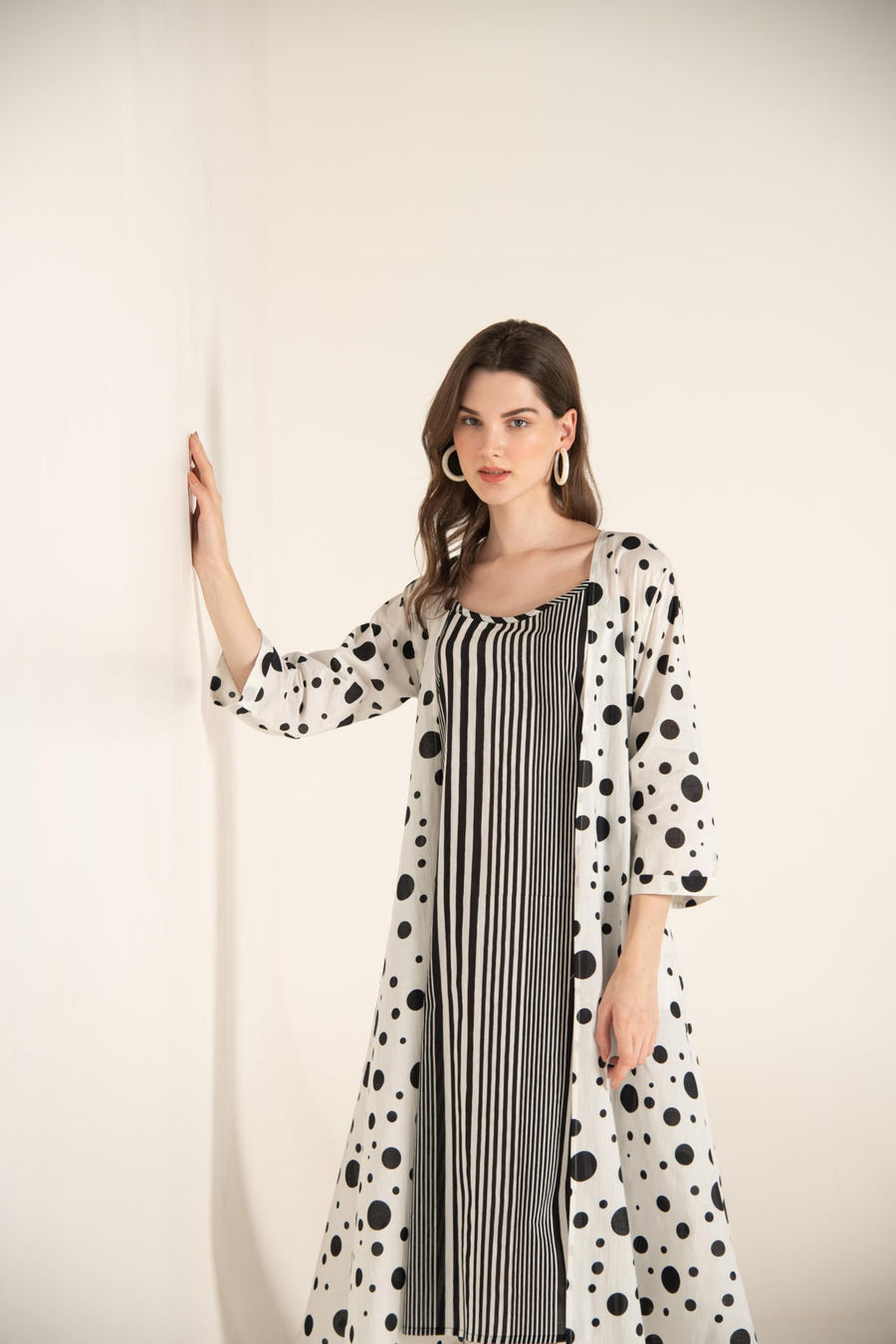 Monochrome Polka Dot Cotton Over-sized Long Shrug with Stripes Inner.