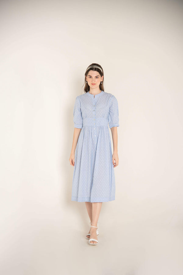 Blue Handloom Fabric Gathered Dress
