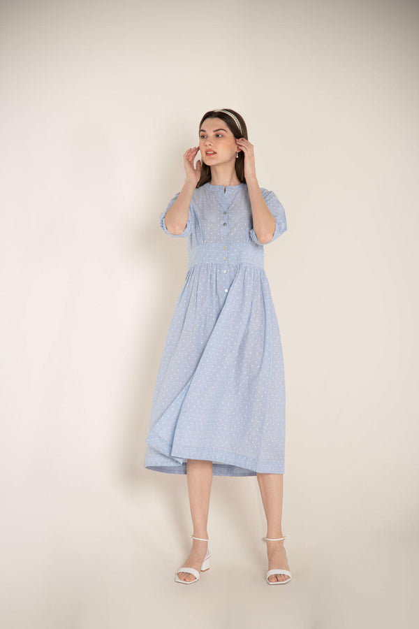 Blue Handloom Fabric Gathered Dress