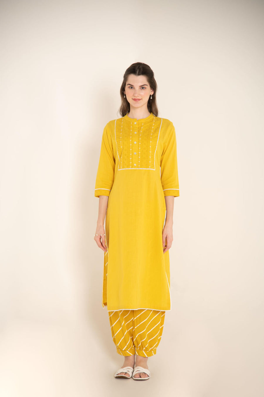 Yellow Cotton Kurta with Cutwork Embroidered Yoke with Stripes Afghani Salwar.