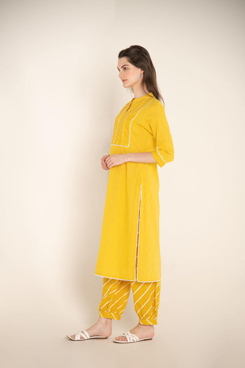 Yellow Cotton Kurta with Cutwork Embroidered Yoke with Stripes Afghani Salwar.