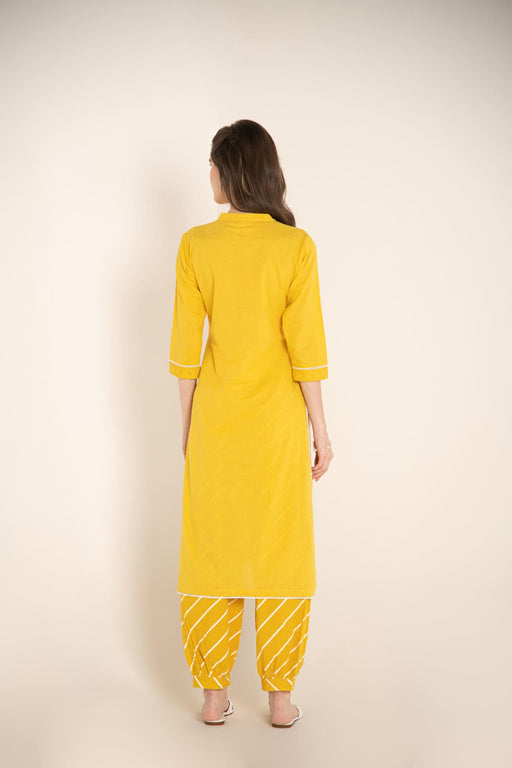 Yellow Cotton Kurta with Cutwork Embroidered Yoke with Stripes Afghani Salwar.