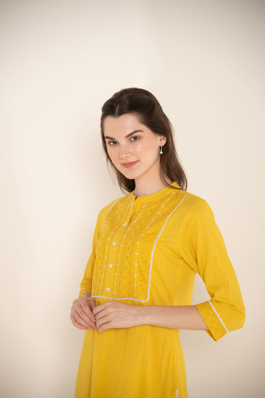 Yellow Cotton Kurta with Cutwork Embroidered Yoke with Stripes Afghani Salwar.