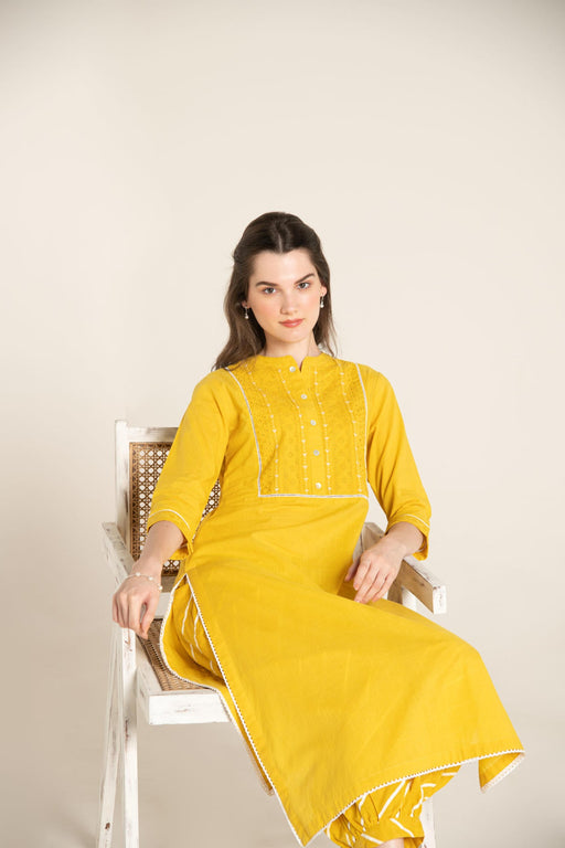 Yellow Cotton Kurta with Cutwork Embroidered Yoke with Stripes Afghani Salwar.