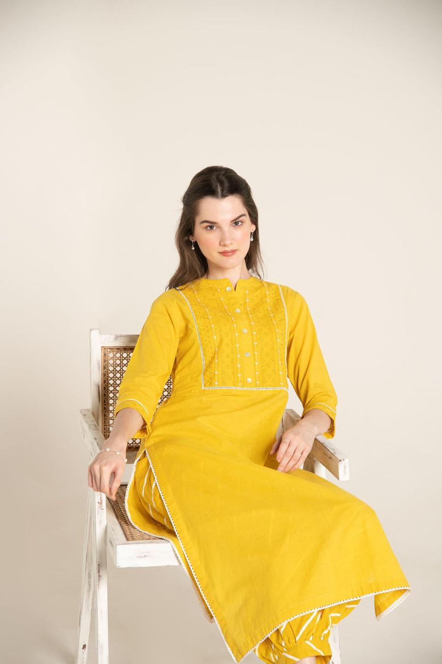 Yellow Cotton Kurta with Cutwork Embroidered Yoke with Stripes Afghani Salwar.
