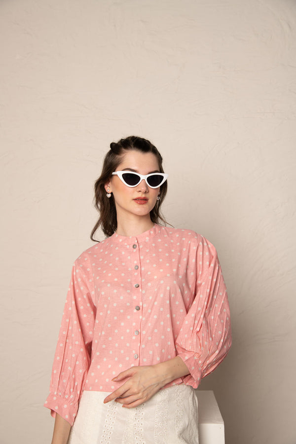 Pastel Pink Polka Dot Crop Shirt Top with white Cotton Cutwork Short Co-Ord Set.