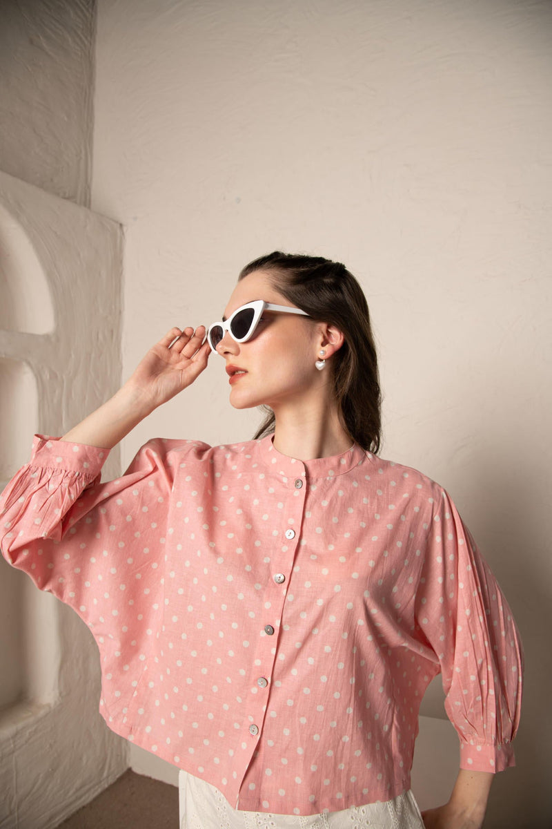 Pastel Pink Polka Dot Crop Shirt Top with white Cotton Cutwork Short Co-Ord Set.