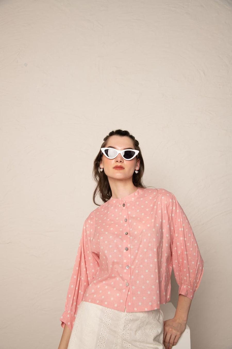 Pastel Pink Polka Dot Crop Shirt Top with white Cotton Cutwork Short Co-Ord Set.