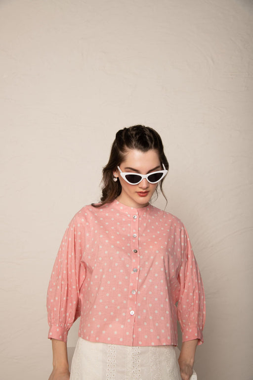 Pastel Pink Polka Dot Crop Shirt Top with white Cotton Cutwork Short Co-Ord Set.
