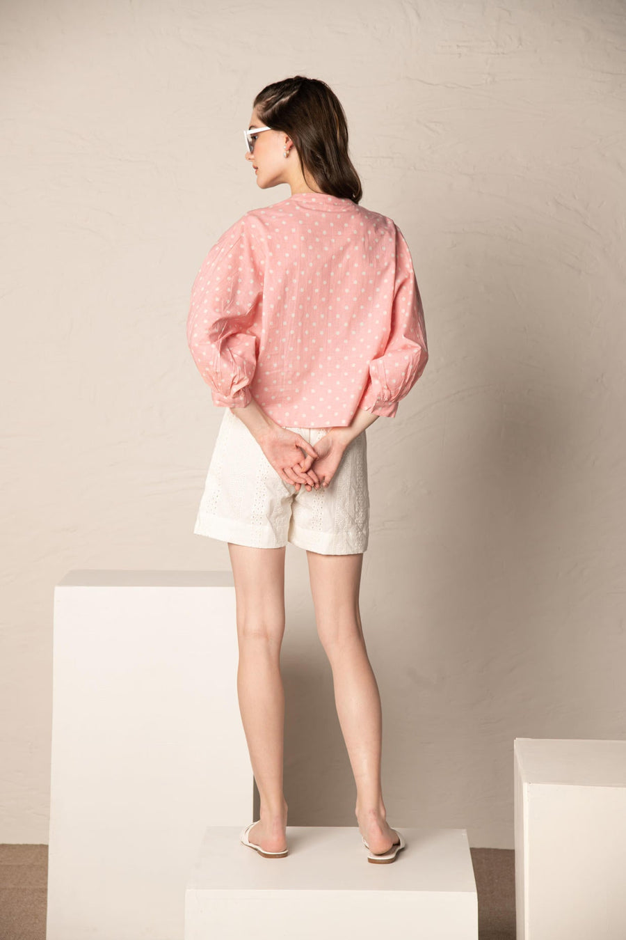 Pastel Pink Polka Dot Crop Shirt Top with white Cotton Cutwork Short Co-Ord Set.