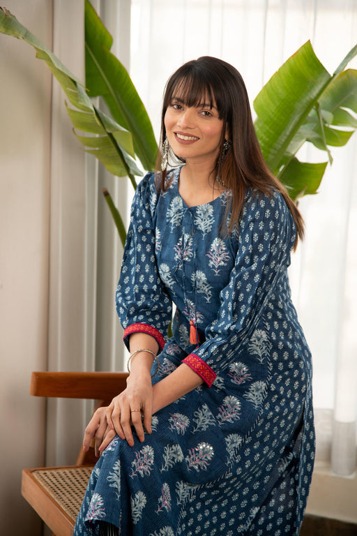 Indigo Blue Printed Straight Kurta