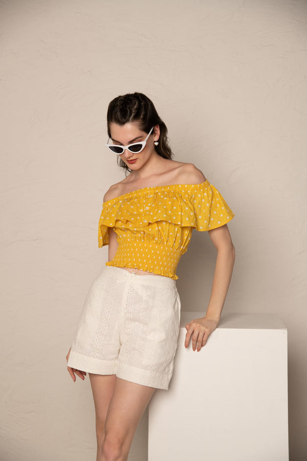 Yellow Polka Dot Off Shoulder Ruffle Crop Top with White Cotton Cutwork Shorts Co-Ord Set