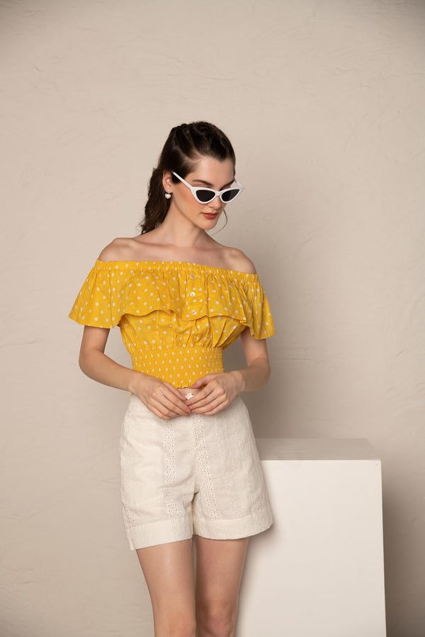 Yellow Polka Dot Off Shoulder Ruffle Crop Top with White Cotton Cutwork Shorts Co-Ord Set