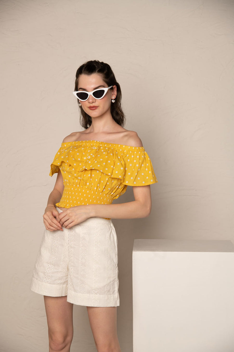 Yellow Polka Dot Off Shoulder Ruffle Crop Top with White Cotton Cutwork Shorts Co-Ord Set