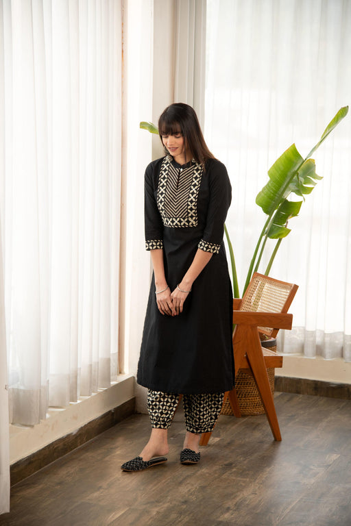 Black Dobby Straight Kurta with Printed Afghani Salwar