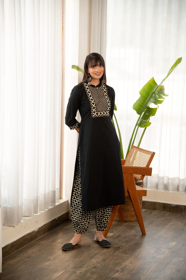 Black Dobby Straight Kurta with Printed Afghani Salwar