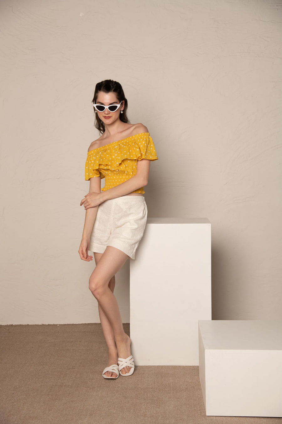 Yellow Polka Dot Off Shoulder Ruffle Crop Top with White Cotton Cutwork Shorts Co-Ord Set