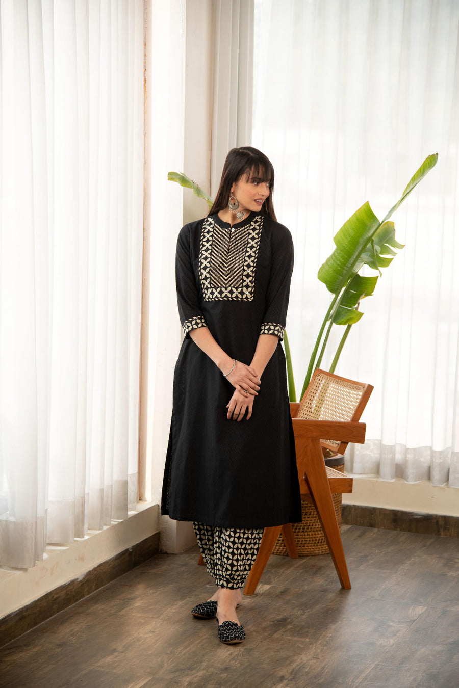 Black Dobby Straight Kurta with Printed Afghani Salwar