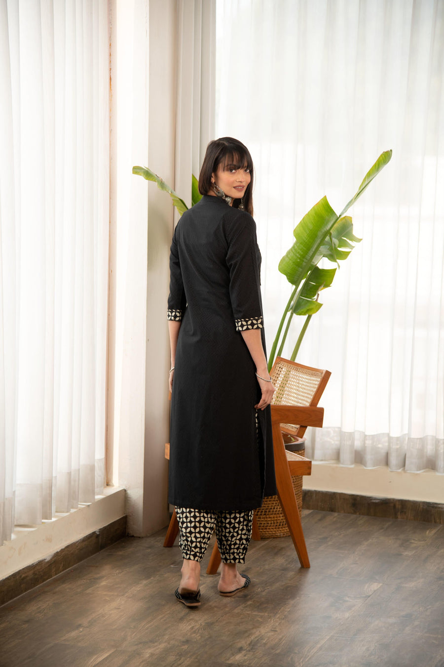 Black Dobby Straight Kurta with Printed Afghani Salwar