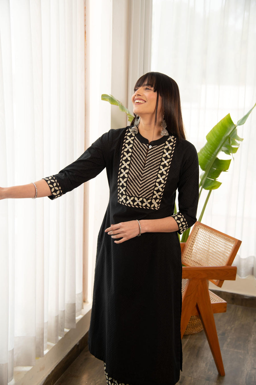 Black Dobby Straight Kurta with Printed Afghani Salwar