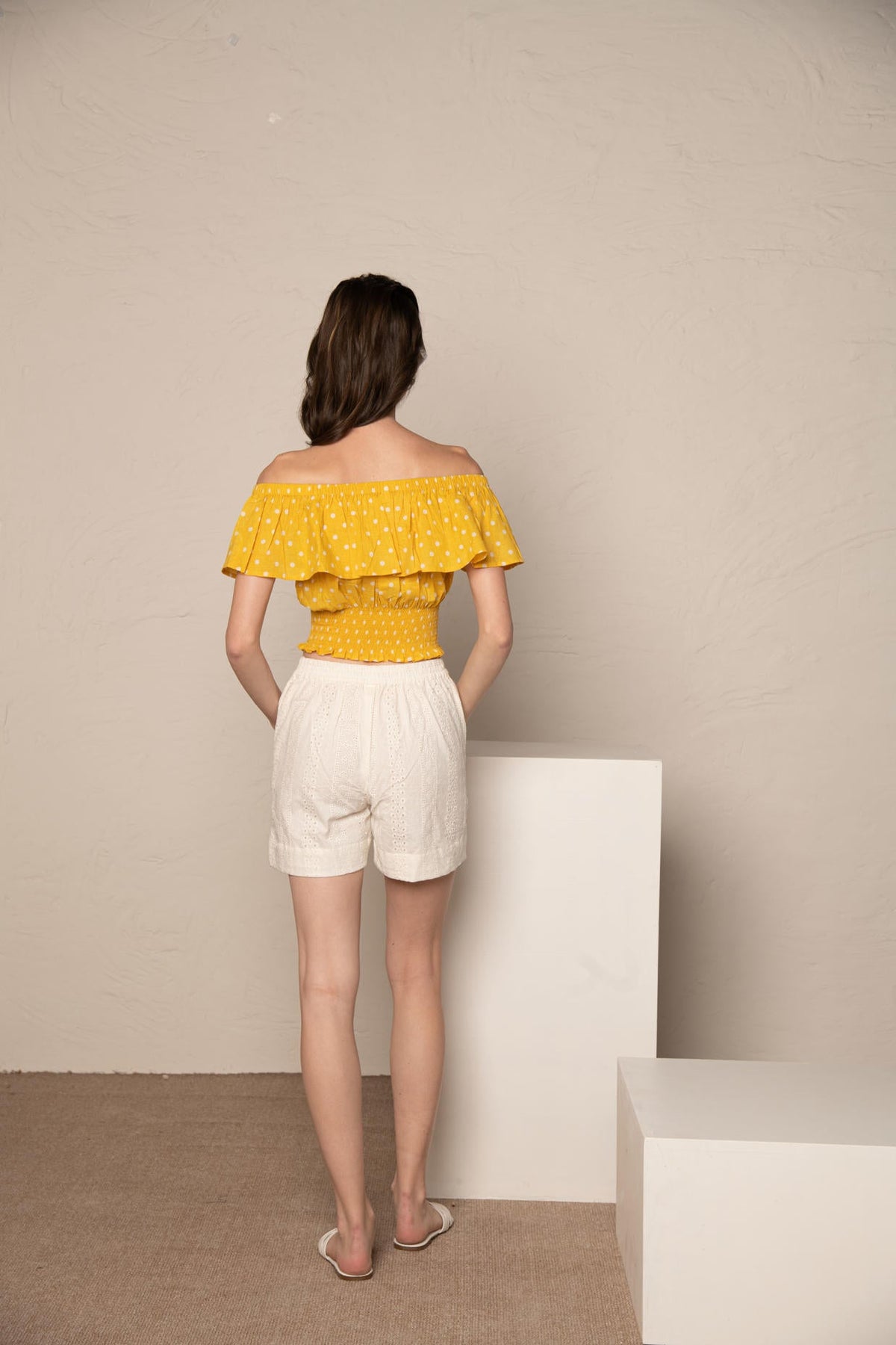 Yellow Polka Dot Off Shoulder Ruffle Crop Top with White Cotton Cutwork Shorts Co-Ord Set