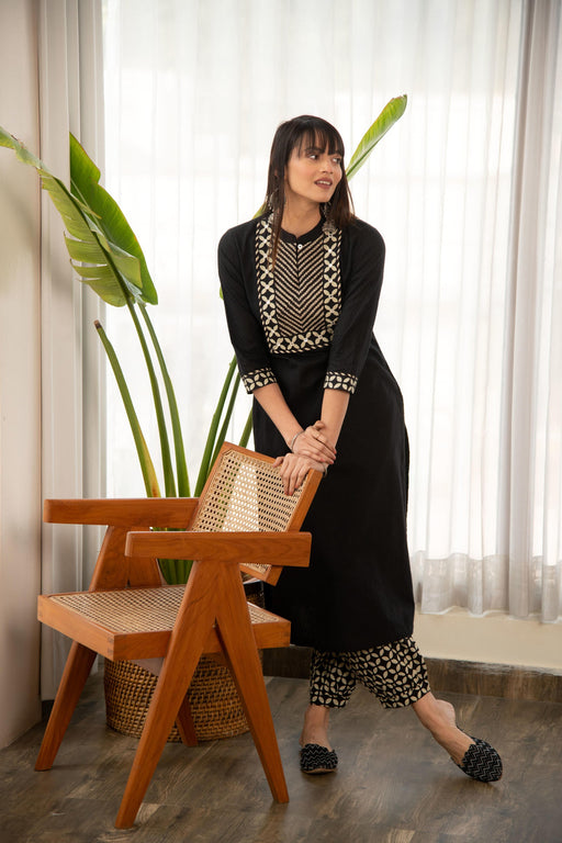 Black Dobby Straight Kurta with Printed Afghani Salwar