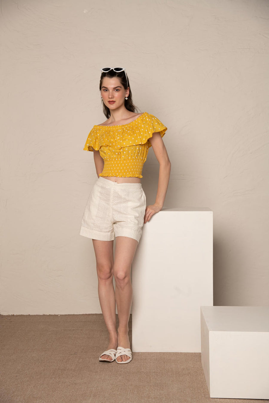 Yellow Polka Dot Off Shoulder Ruffle Crop Top with White Cotton Cutwork Shorts Co-Ord Set