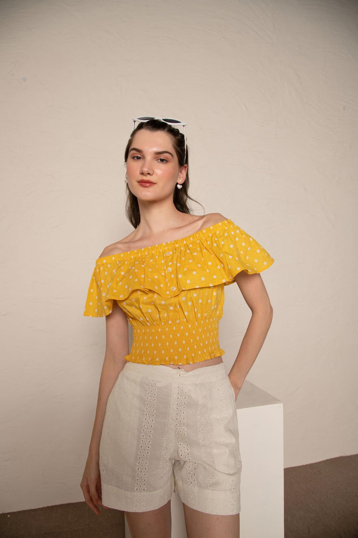 Yellow Polka Dot Off Shoulder Ruffle Crop Top with White Cotton Cutwork Shorts Co-Ord Set