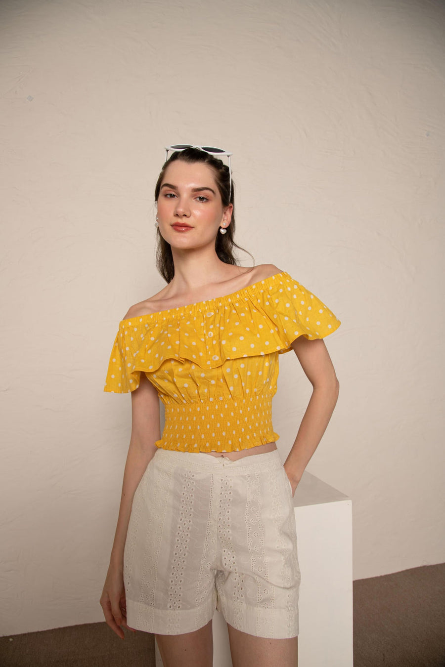 Yellow Polka Dot Off Shoulder Ruffle Crop Top with White Cotton Cutwork Shorts Co-Ord Set