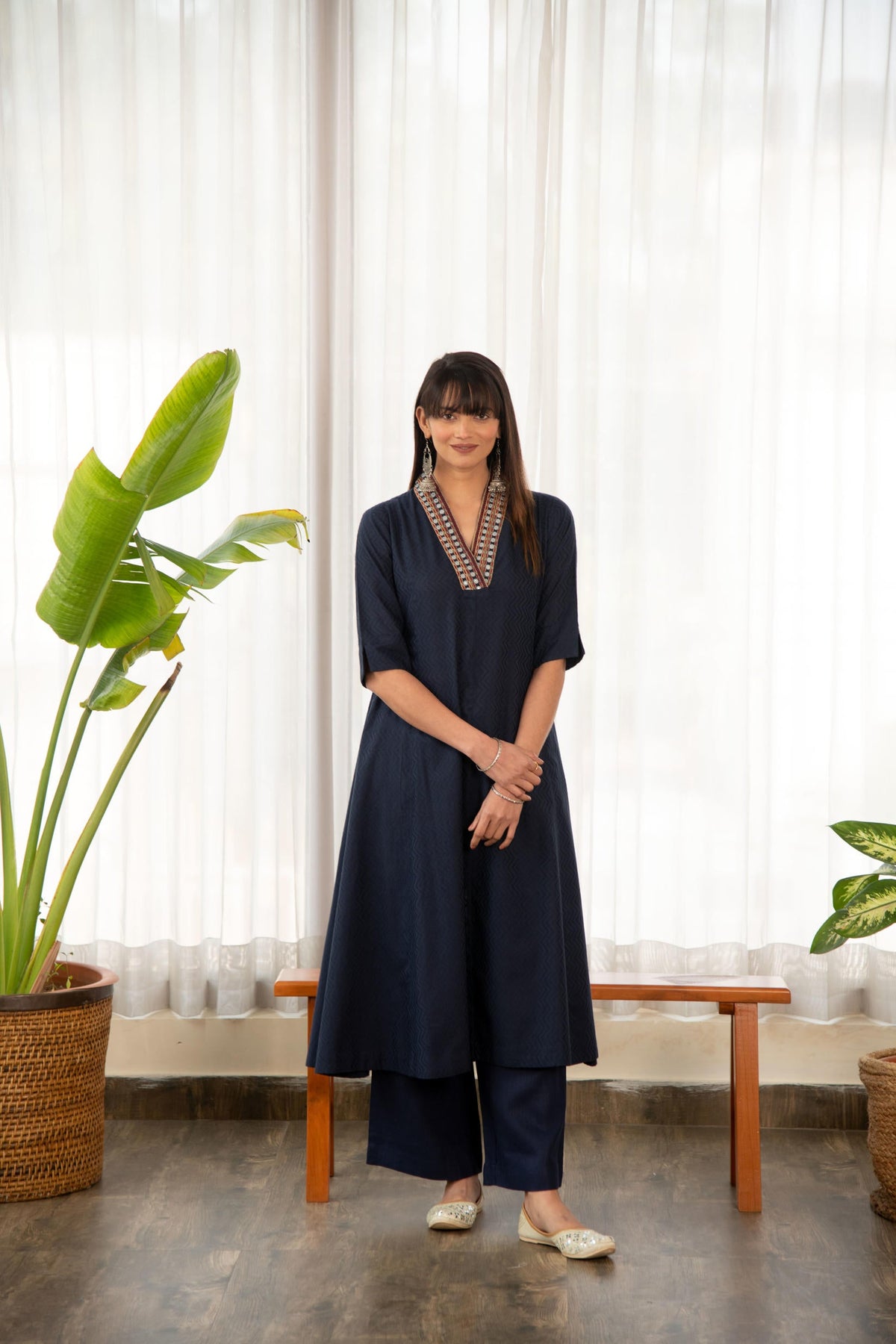 Blue Dobby A-Line Kurta