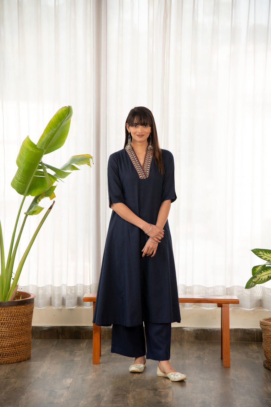 Blue Dobby A-Line Kurta