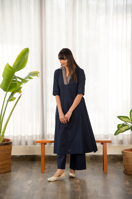 Blue Dobby A-Line Kurta