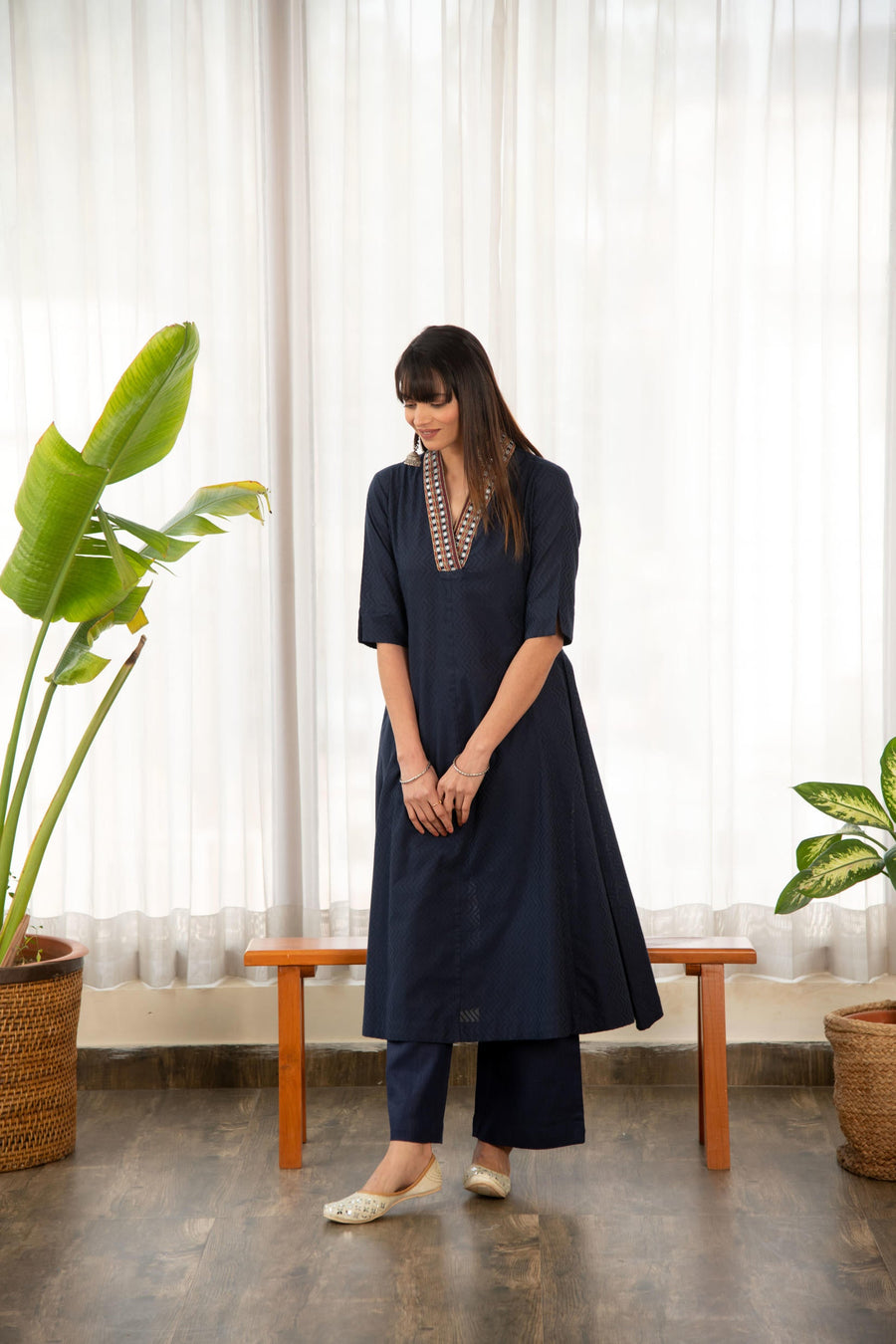 Blue Dobby A-Line Kurta