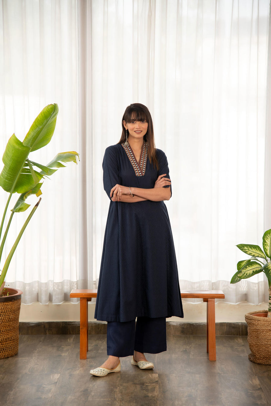 Blue Dobby A-Line Kurta