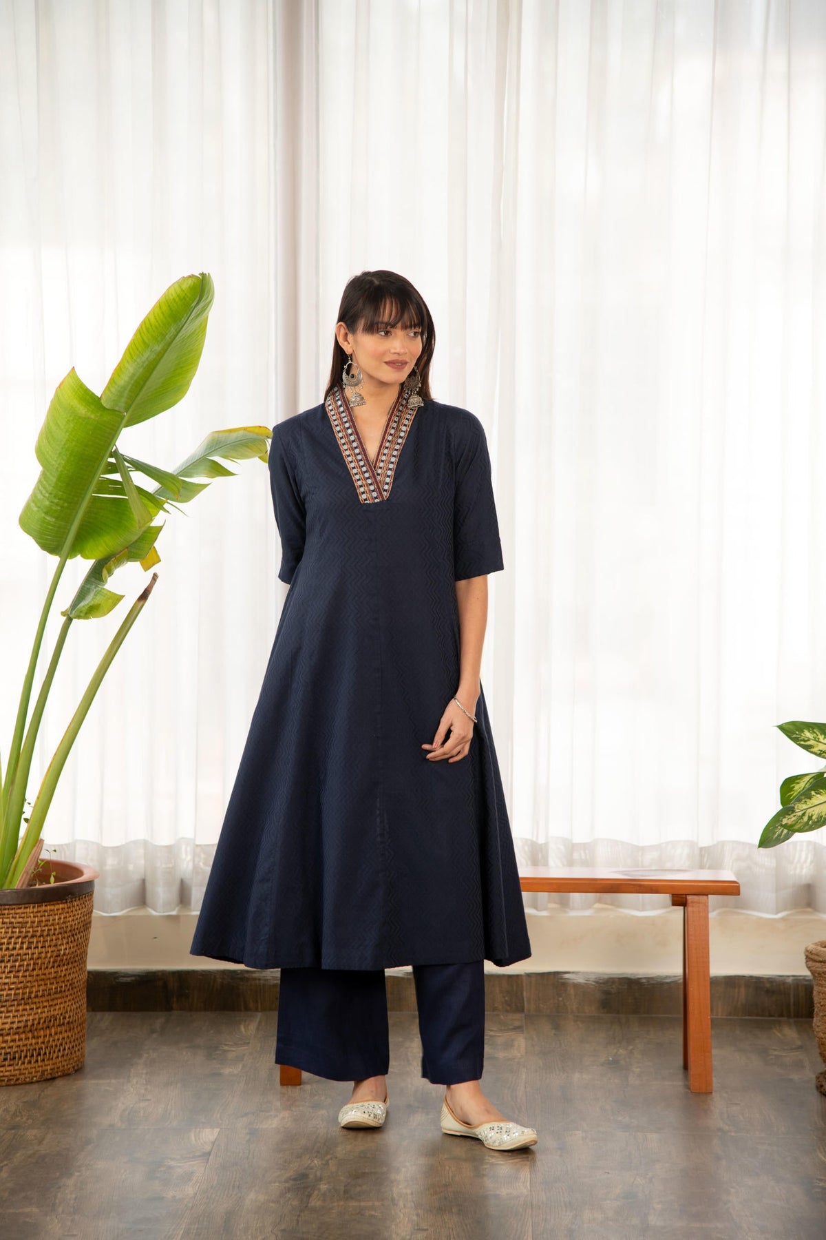 Blue Dobby A-Line Kurta