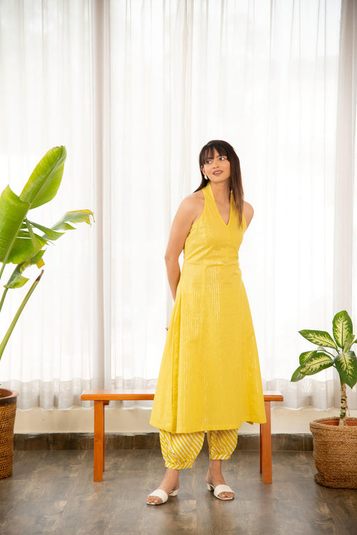 Yellow Lurex Fabric A-Line Kurta with Afghani Salwar