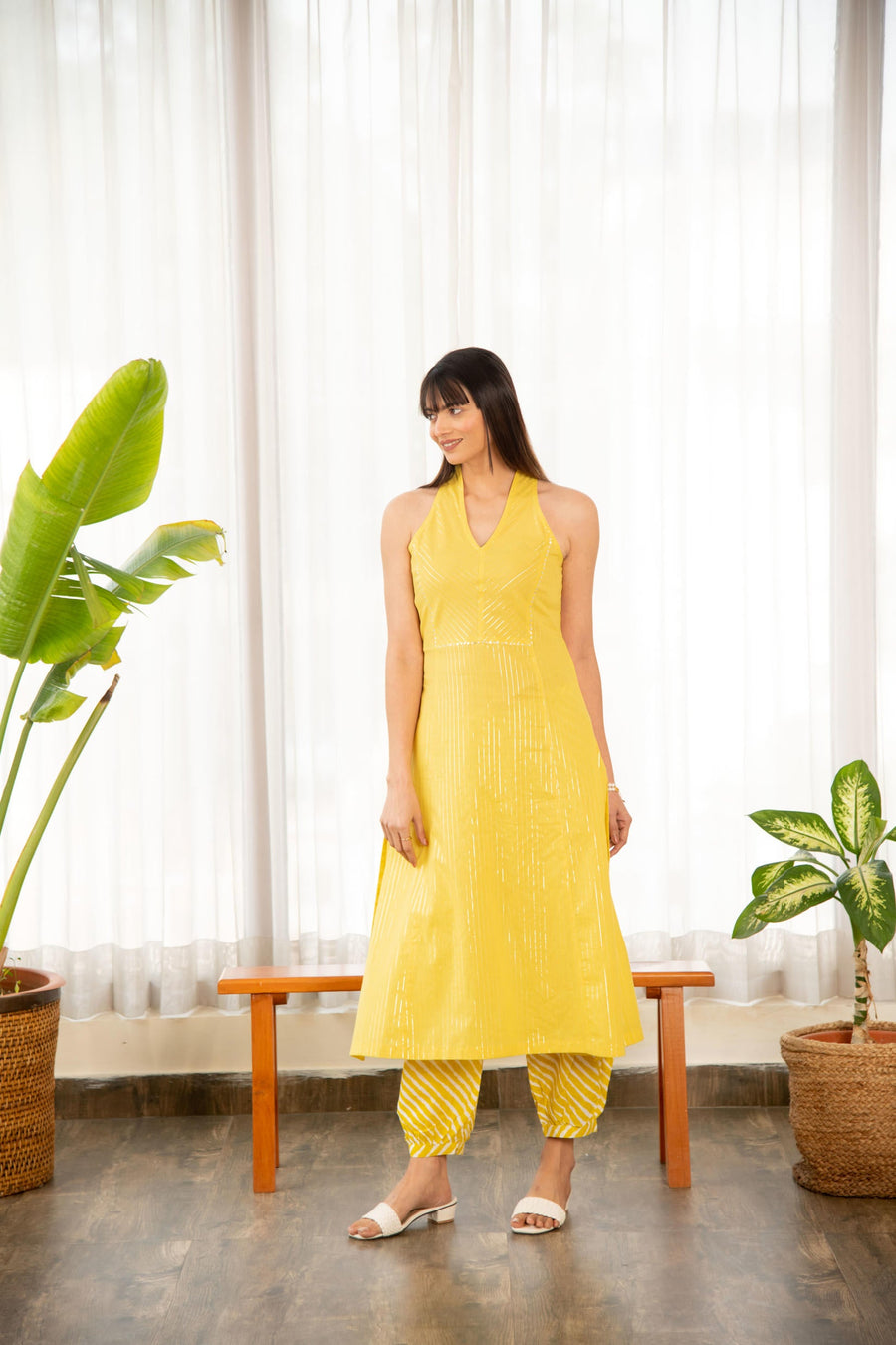 Yellow Lurex Fabric A-Line Kurta with Afghani Salwar