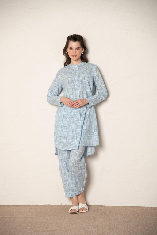 Blue Cotton Printed Loose Fit Up-Down Co-Ords Set.