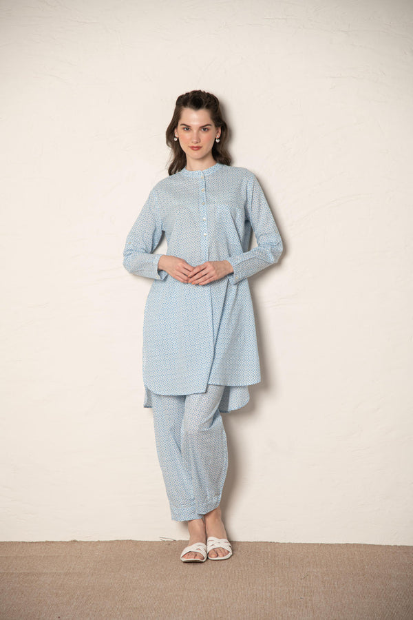 Blue Cotton Printed Loose Fit Up-Down Co-Ords Set.