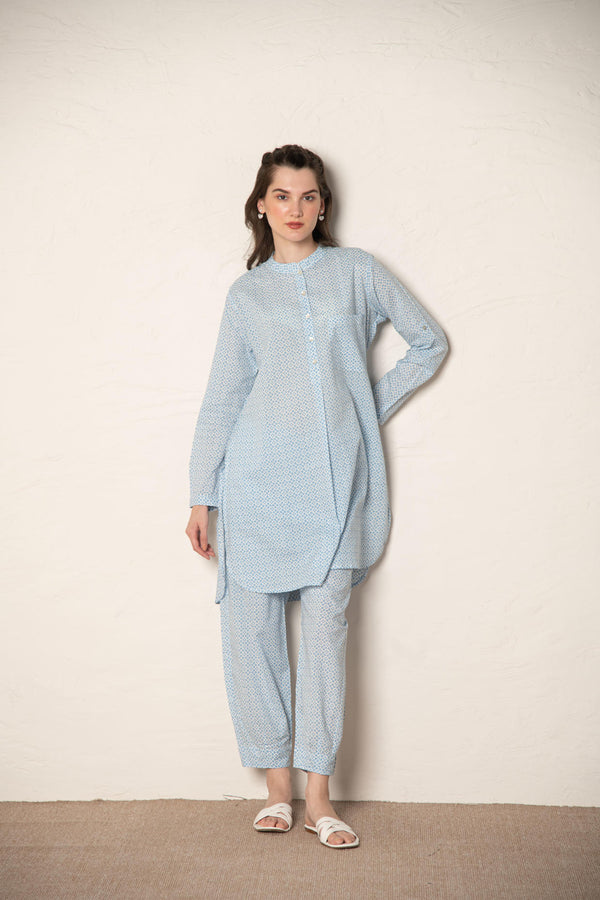Blue Cotton Printed Loose Fit Up-Down Co-Ords Set.