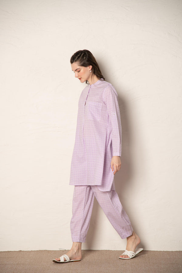 Lavender Cotton Printed Loose Fit Up-Down Co-Ords Set.