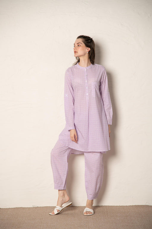 Lavender Cotton Printed Loose Fit Up-Down Co-Ords Set.
