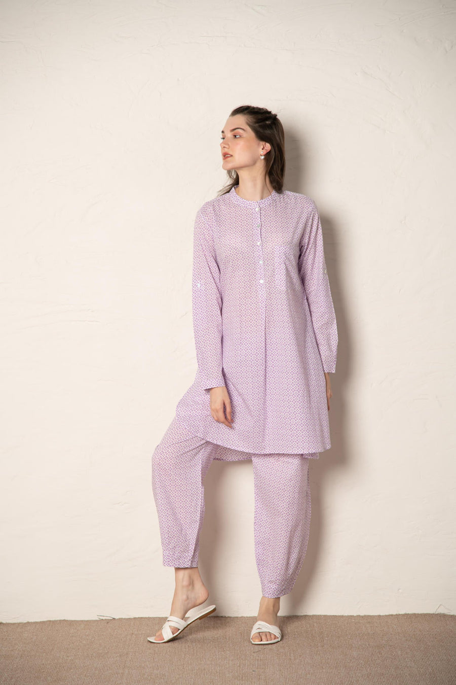 Lavender Cotton Printed Loose Fit Up-Down Co-Ords Set.