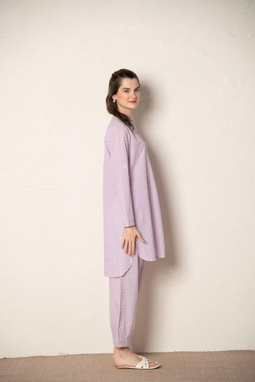Lavender Cotton Printed Loose Fit Up-Down Co-Ords Set.