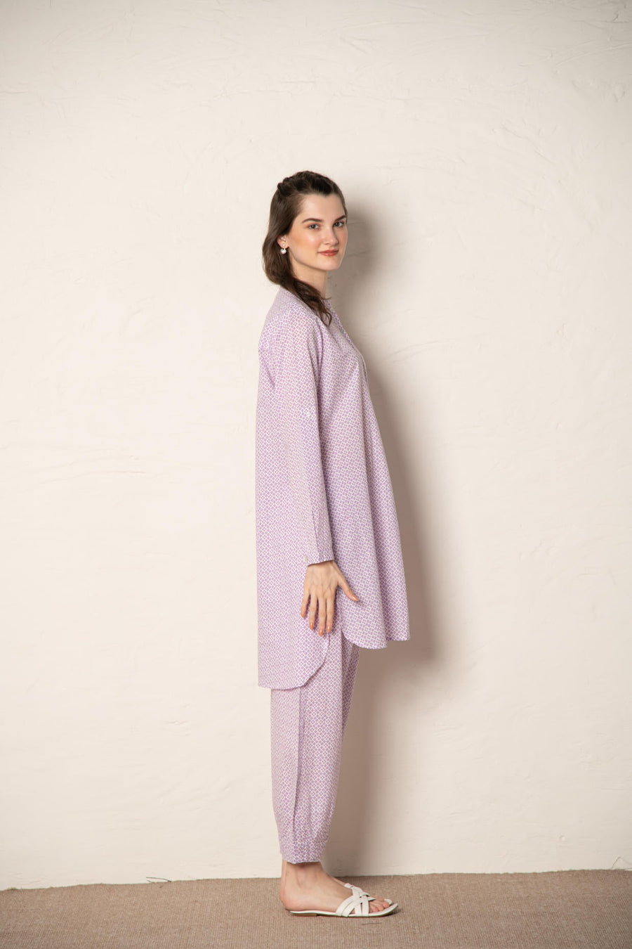 Lavender Cotton Printed Loose Fit Up-Down Co-Ords Set.