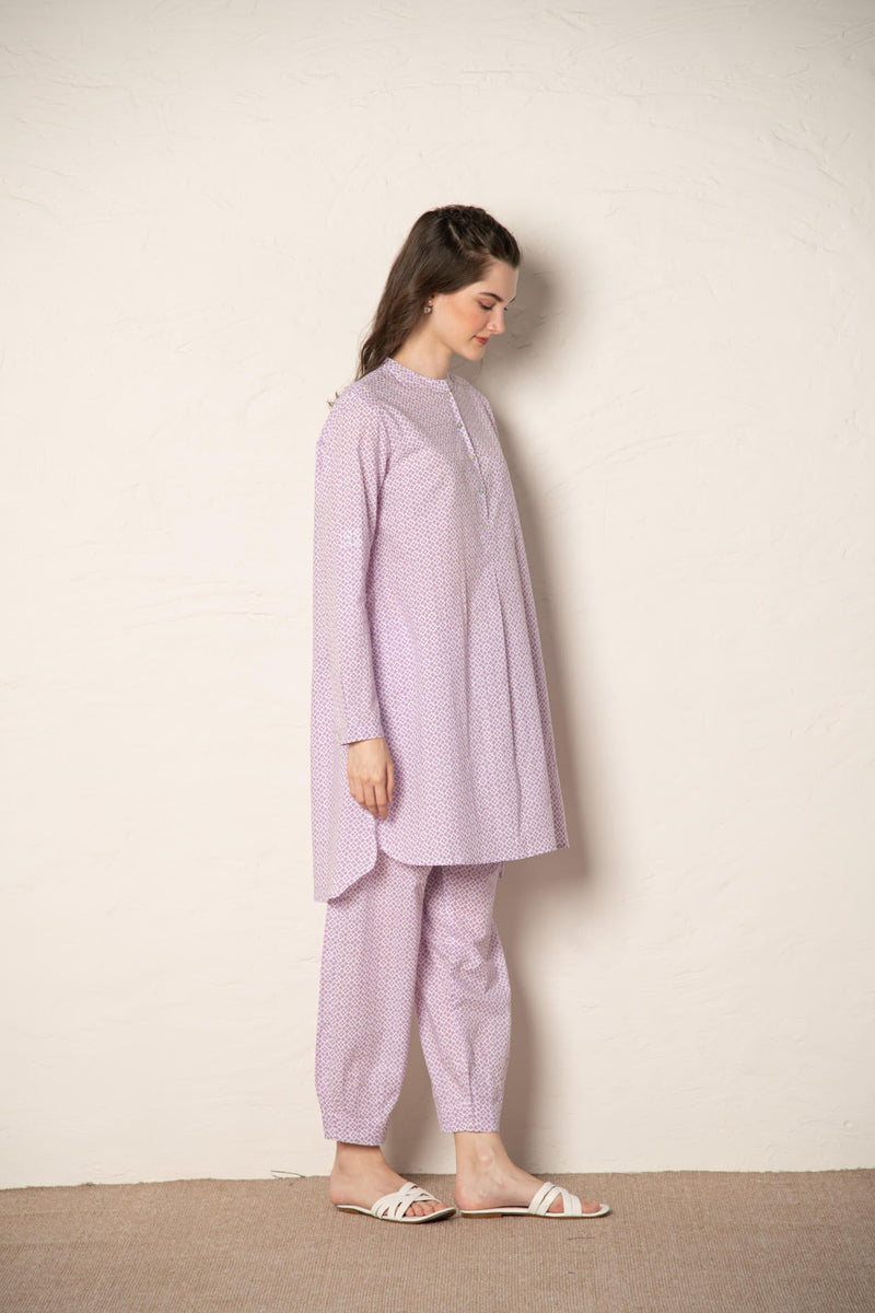 Lavender Cotton Printed Loose Fit Up-Down Co-Ords Set.