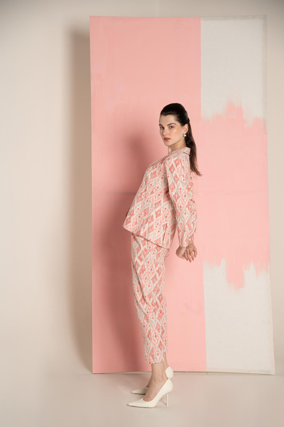 Pink Ikat Print Cotton Flex Lapel Coat Co-Ord (Set of 3)