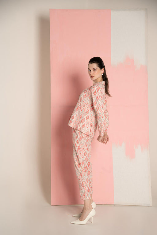 Pink Ikat Print Cotton Flex Lapel Coat Co-Ord (Set of 3)