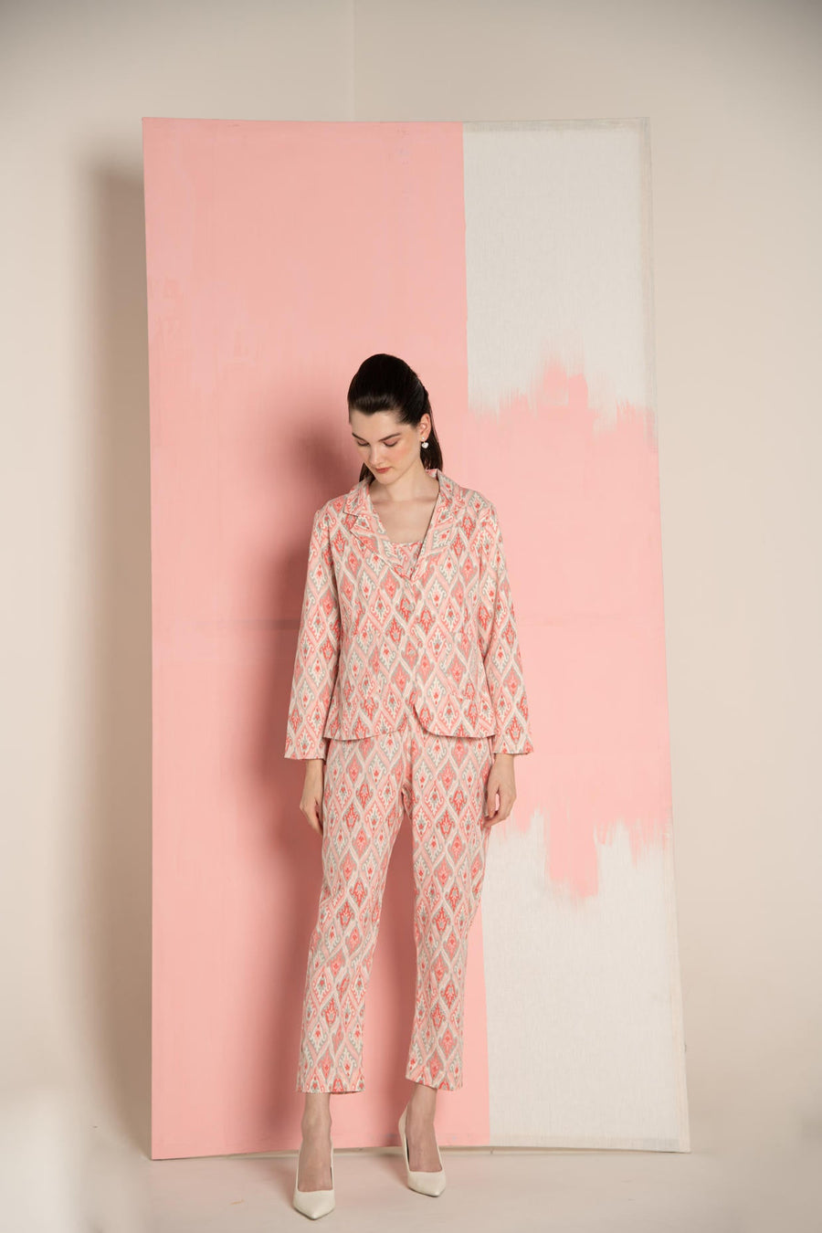 Pink Ikat Print Cotton Flex Lapel Coat Co-Ord (Set of 3)